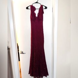 Burgundy Camille La Vie Lace Evening Gown